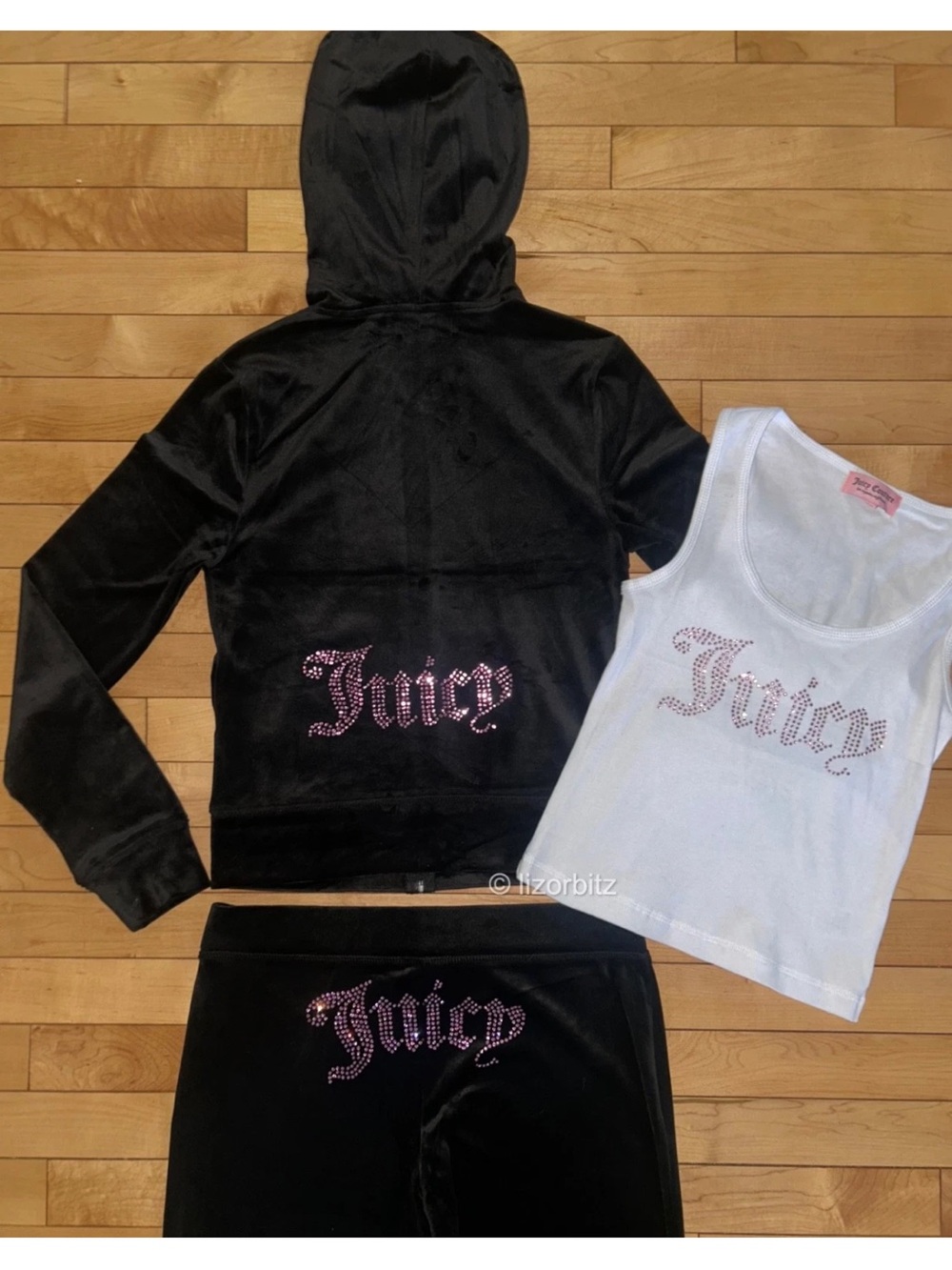 NEW! JUICY COUTURE Velour OG Pink-Bling Logo Tracksuit 3pc Set Black Size M